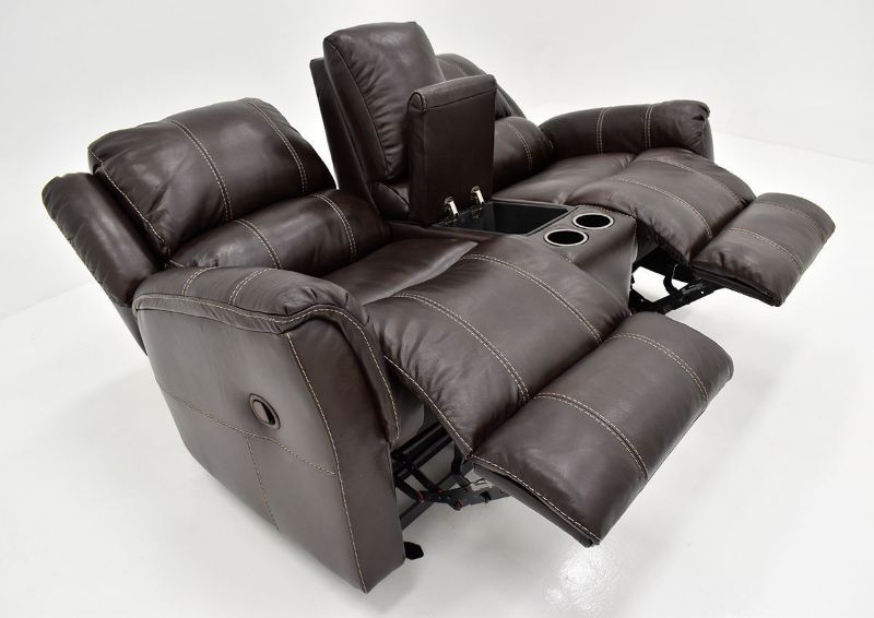 Angled View of Open Dual Recliners on the Chocolate Brown Mercury Leather Glider Reclining Loveseat by Homestretch | Home Furniture Plus Bedding