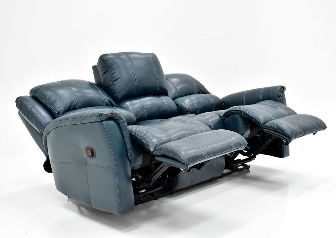 Angled View of Open Dual Recliners on the Navy Blue Mercury Leather Reclining Sofa by Homestretch | Home Furniture Plus Bedding