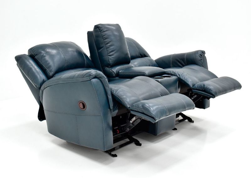 Angled View of Open Dual Recliners on the Navy Blue Mercury Leather Glider Reclining Loveseat by Homestretch | Home Furniture Plus Bedding