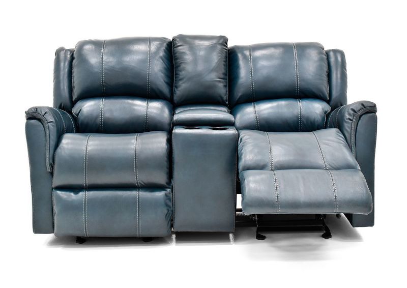 Front View of Extended Footrest on the Navy Blue Mercury Leather Glider Reclining Loveseat by Homestretch | Home Furniture Plus Bedding