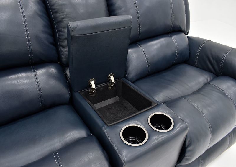 Close Up of Open Center Console and Cupholders on the Navy Blue Mercury Leather Glider Reclining Loveseat by Homestretch | Home Furniture Plus Bedding