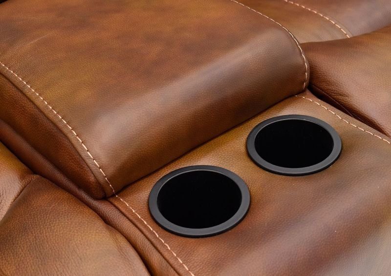 Close Up of the Cup Holders on the Top Back Cushion on the Legend Leather Reclining Glider Loveseat | Home Furniture Plus Bedding