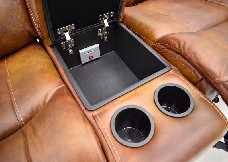 Close Up of the Center Console with USB Ports on the Top Back Cushion on the Legend POWER Leather Reclining Loveseat | Home Furniture Plus Bedding