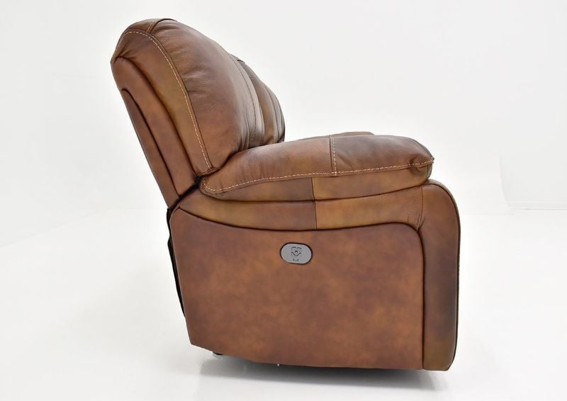 Side View including Control Buttons on the Legend POWER Leather Reclining Loveseat | Home Furniture Plus Bedding