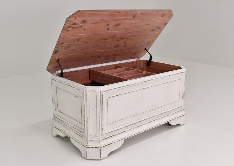 Angled View of the Magnolia Manor Storage Trunk with Lid Top Open | Home Furniture Plus Bedding