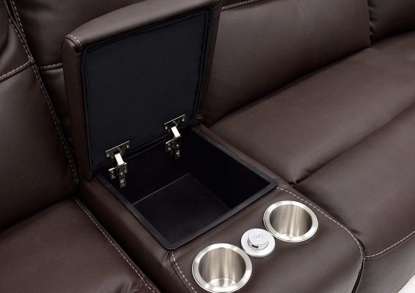 Close Up of the Storage Console with Cup Holders on the Spartacus POWER Reclining Sectional Sofa | Home Furniture Plus Bedding