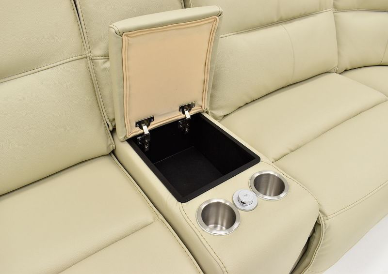 Close Up of the Storage Console with Cup Holders on the Spartacus POWER Reclining Sectional Sofa | Home Furniture Plus Bedding