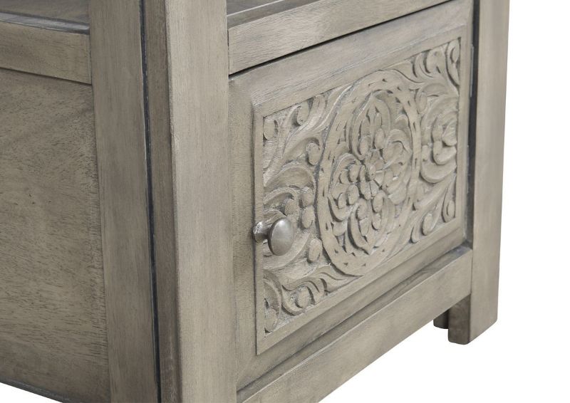 Close Up of the Carved Details on the Cabinet Door of the Marcilyn End Table | Home Furniture Plus Bedding