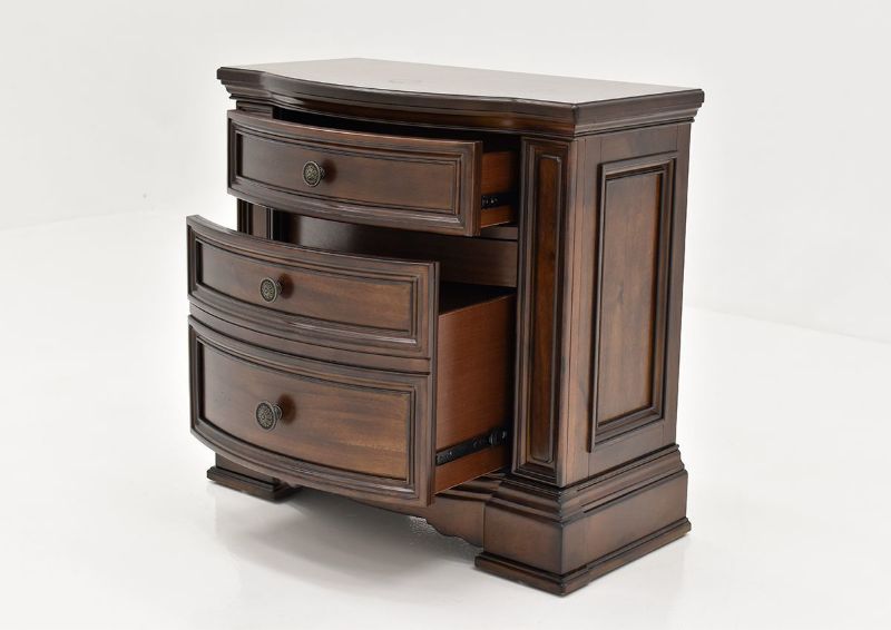 Angled View of Opened Drawers on the Plaza Nightstand in Brown by Avalon Furniture | Home Furniture Plus Bedding