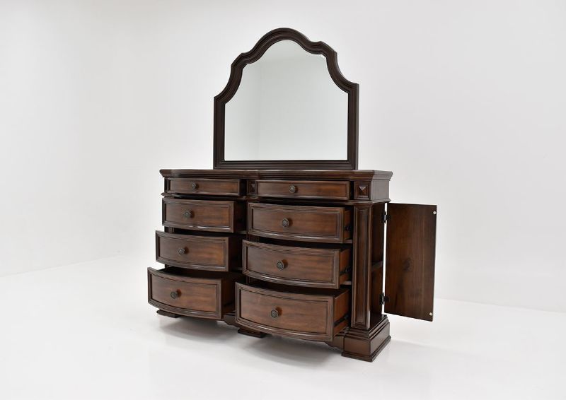 Slightly Angled View with Opened Drawers on the Plaza Dresser in Brown by Avalon Furniture | Home Furniture Plus Bedding