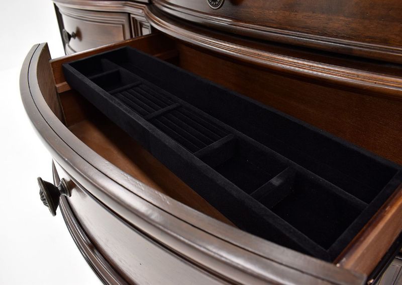 View of the Jewelry Tray in an Open Drawer of the Plaza Dresser in Brown by Avalon Furniture | Home Furniture Plus Bedding