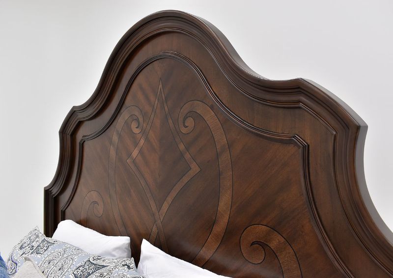 Angled View of the Headboard Details on the Plaza Queen Size Bed in Brown by Avalon Furniture | Home Furniture Plus Bedding