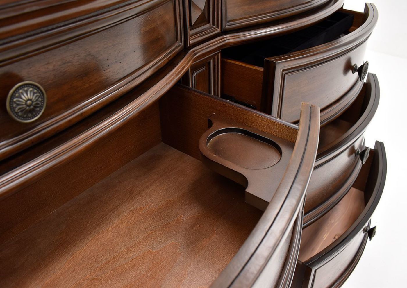 View of the Built-In Change Tray in the Open Drawers of the Plaza Dresser in Brown by Avalon Furniture | Home Furniture Plus Bedding