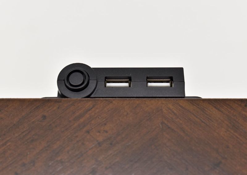 Close Up View of the USB Charging Ports on the Plaza Nightstand in Brown by Avalon Furniture | Home Furniture Plus Bedding