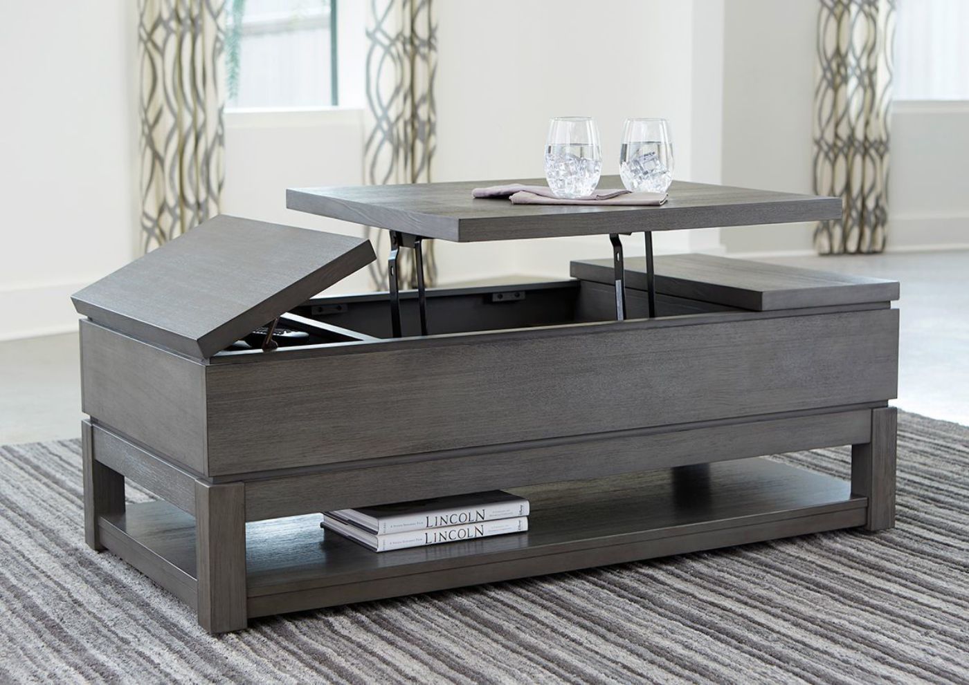 Room Shot of the Caitbrook Lift-Top Coffee Table With Table Top Lifted and Storage Open | Home Furniture Plus Bedding