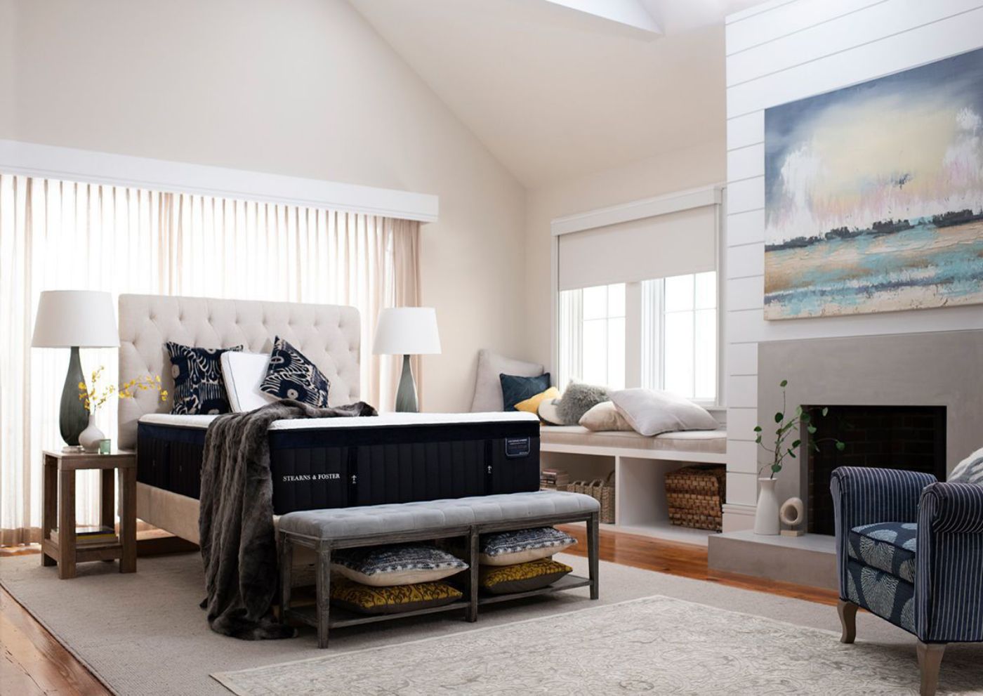 Room View of the Unmade Pollock Luxury Cushion Firm Mattress by Stearns & Foster® in Queen Size | Home Furniture Plus Bedding