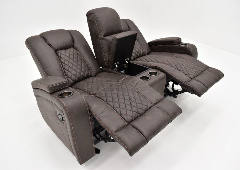 Slightly Angled View of the Aiden Reclining Loveseat by Man Wah with Center Console Open and Both Sides Reclined | Home Furniture Plus Bedding