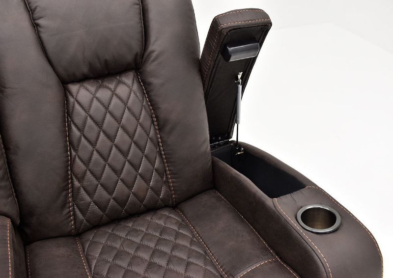 Close Up View of the Aiden Reclining Loveseat by Man Wah with Hidden Storage Open | Home Furniture Plus Bedding