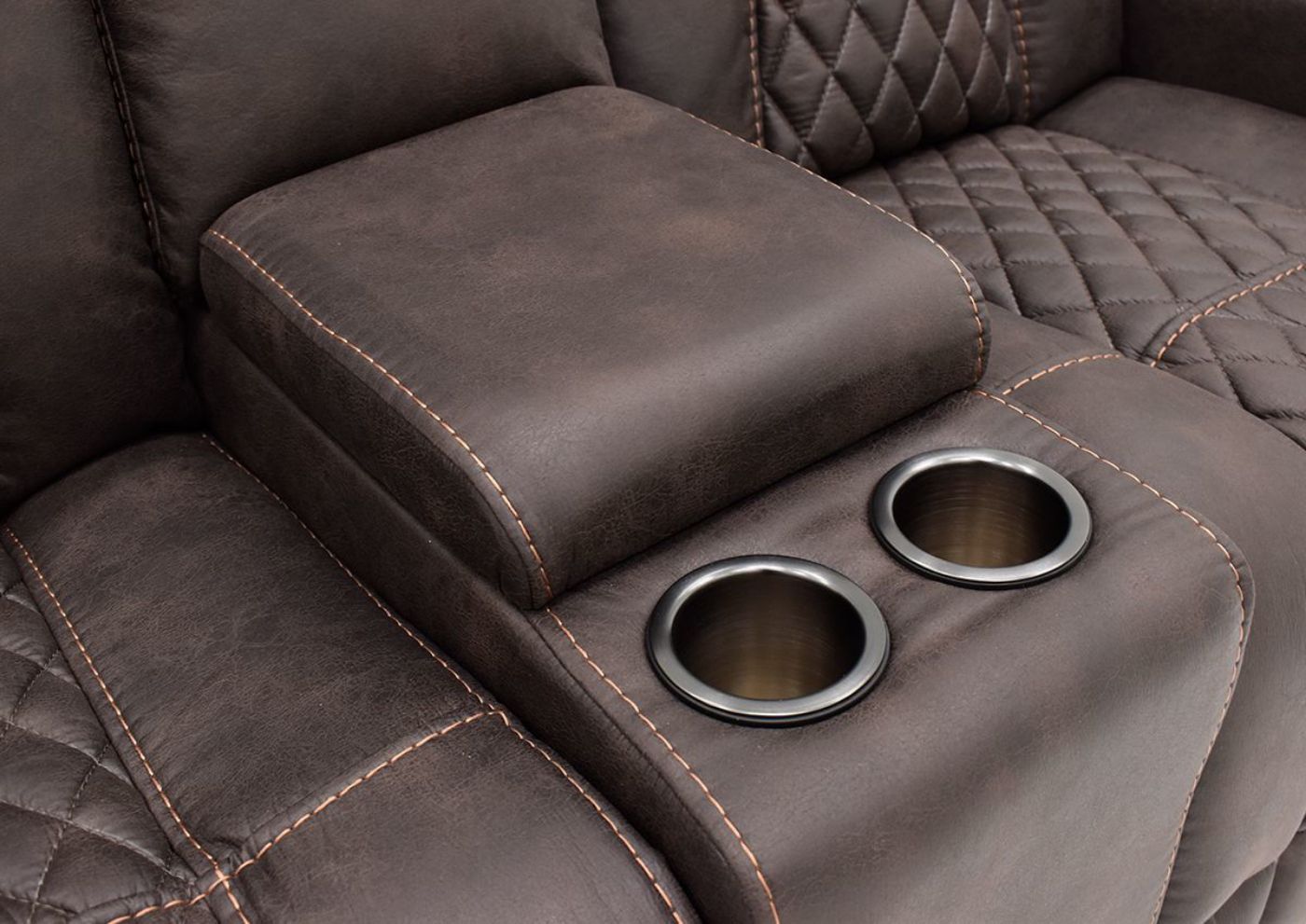 Close Up View of the Center Storage Console and Cup Holders on the Aiden Reclining Loveseat by Man Wah | Home Furniture Plus Bedding