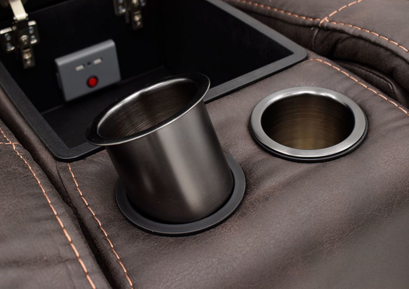 Close Up View of the Cupholder and Center Console Storage on the Aiden Reclining Loveseat by Man Wah | Home Furniture Plus Bedding