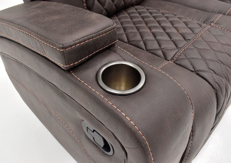 Close Up View of the Cupholder and Armrest on the Aiden Reclining Sofa by Man Wah | Home Furniture Plus Bedding