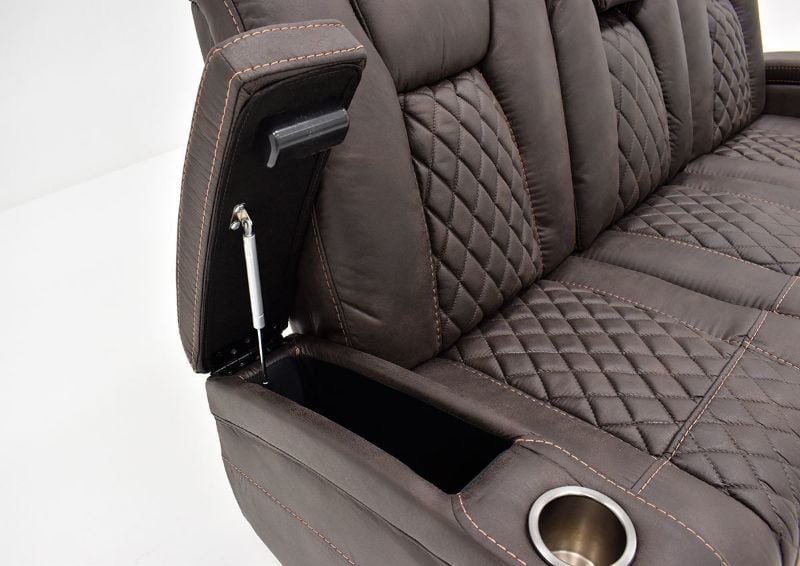 Close Up View of the Cupholder and Hidden Storage in the Armrest on the Aiden Recliner by Man Wah | Home Furniture Plus Bedding