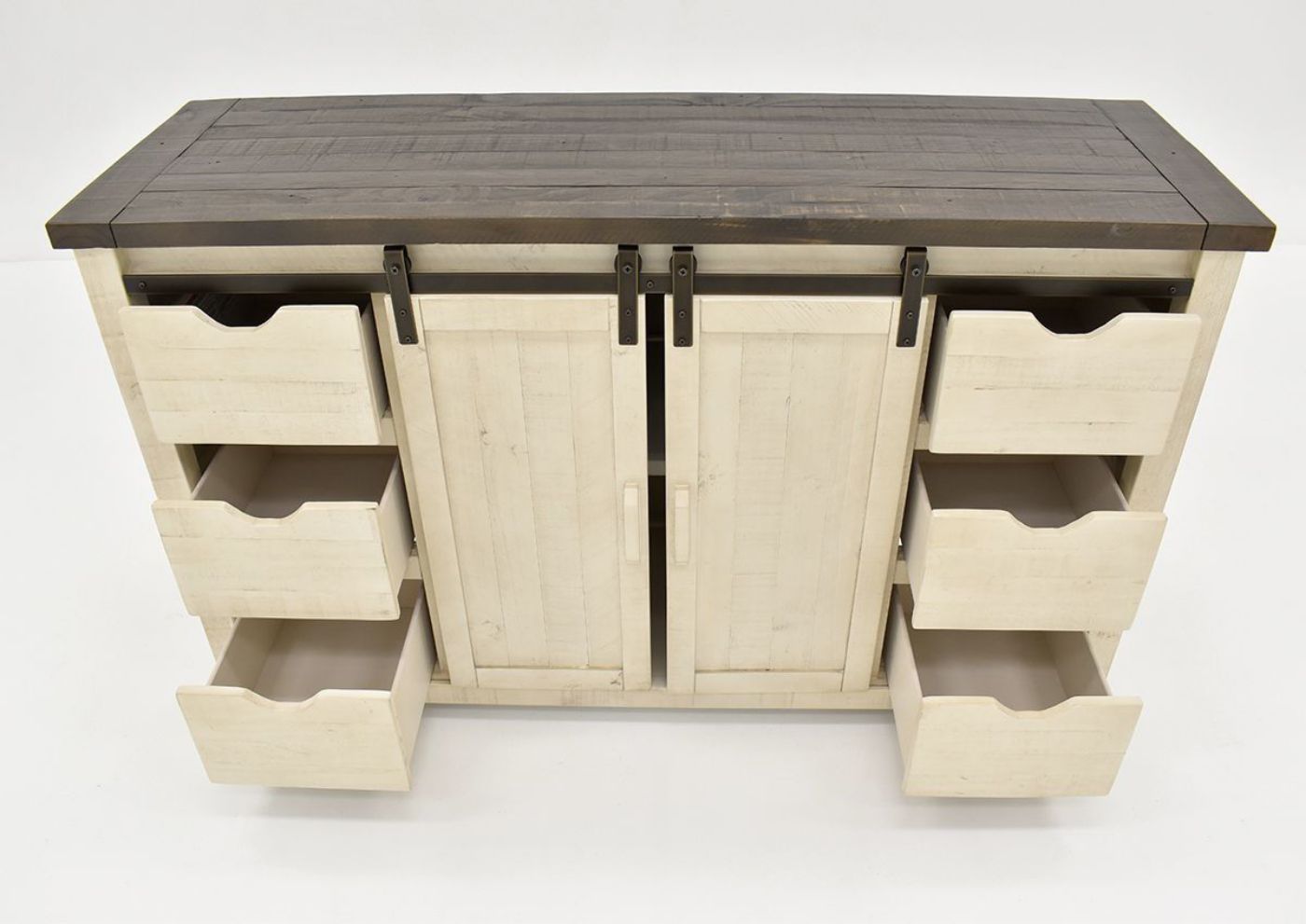 Slightly Angled Front Facing View of the Madison County Cabinet in White by Jofran with Drawers Open | Home Furniture Plus Bedding