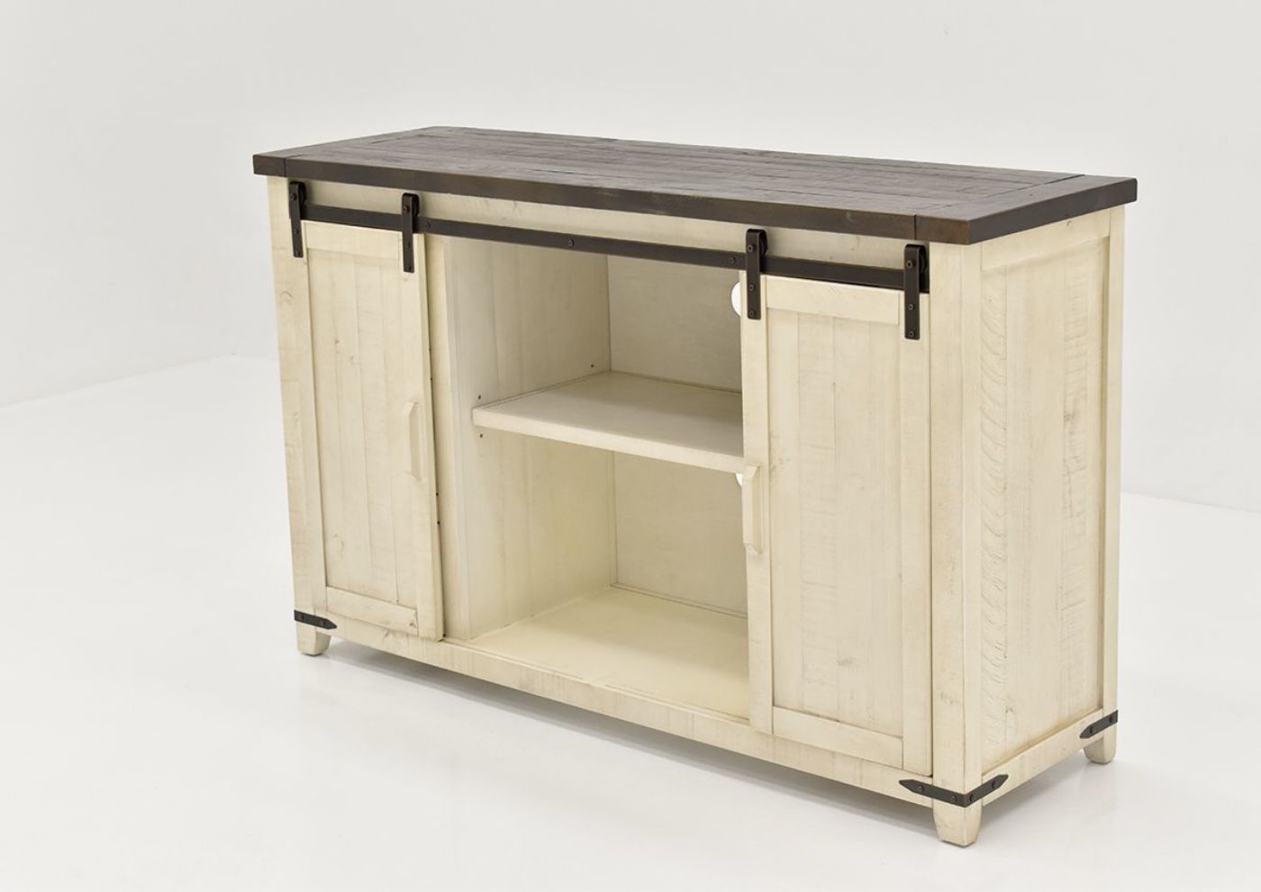 Slightly Angled View of the Madison County Cabinet in White by Jofran with Barn Doors over Drawers | Home Furniture Plus Bedding