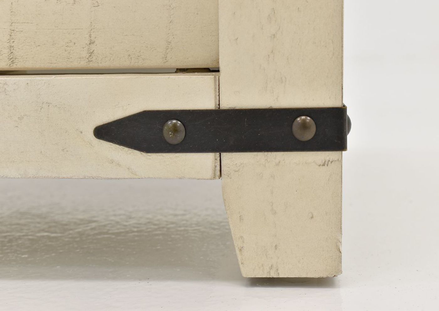 Close Up View of the Rustic Hardware on the Madison Accent Cabinet in White by Jofran  with Open Drawers | Home Furniture Plus Bedding