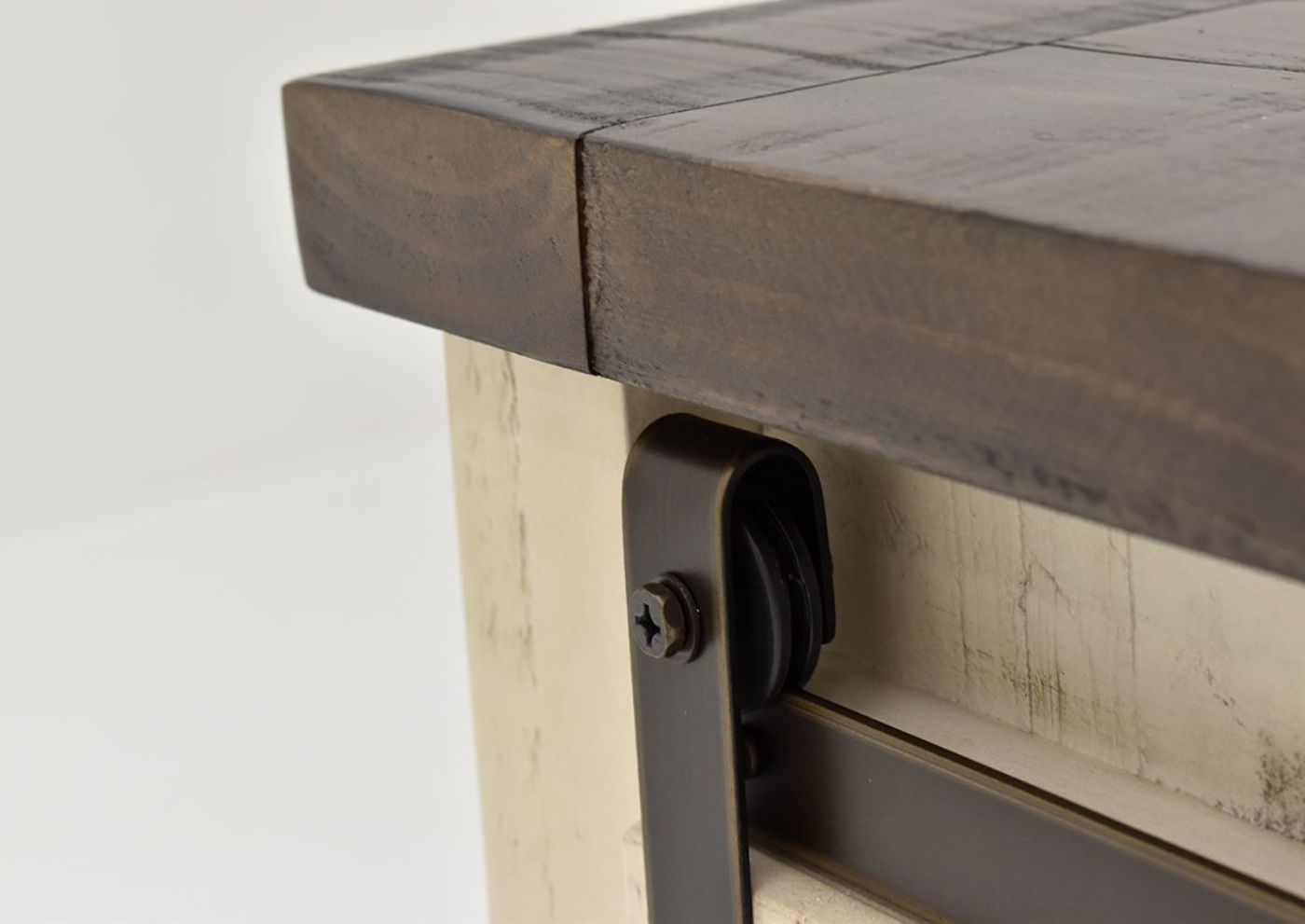 Close Up View of the Sliding Barn Door Hardware on the Madison Accent Cabinet in White by Jofran  with Open Drawers | Home Furniture Plus Bedding