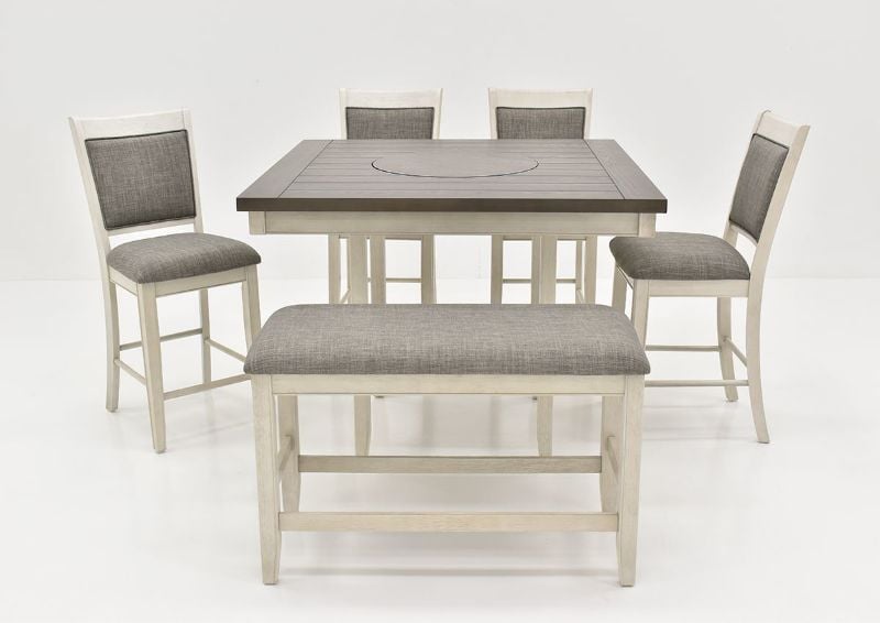 Front Facing View of the Chalk Gray Fulton Dining Table, Bench, and 4 Chair Set by Crown Mark  | Home Furniture Plus Bedding