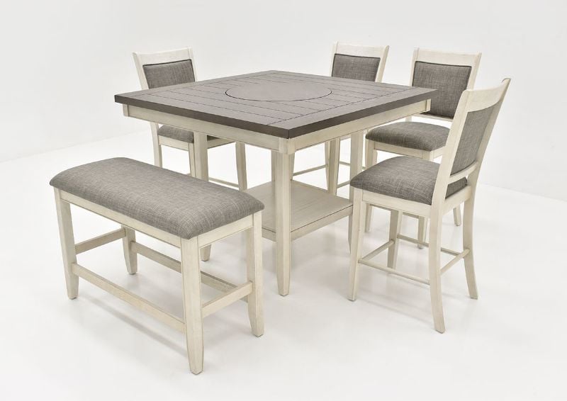 Slightly Angled View of the Chalk Gray Fulton Dining Table, Bench, and 4 Chair Set by Crown Mark  | Home Furniture Plus Bedding