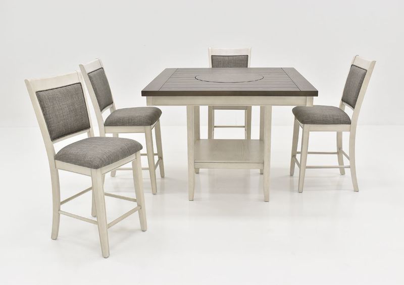 Front Facing View of the Chalk Gray Fulton Pub Table with Four Stools by Crown Mark  | Home Furniture Plus Bedding
