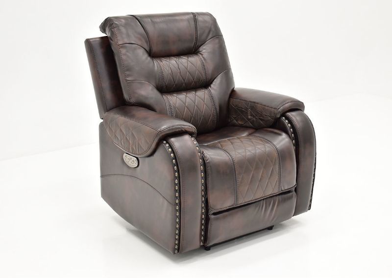 Slightly Angled Front View of the Granger POWER Recliner in Chocolate Brown by Vogue Home Furnishings | Home Furniture Plus Bedding