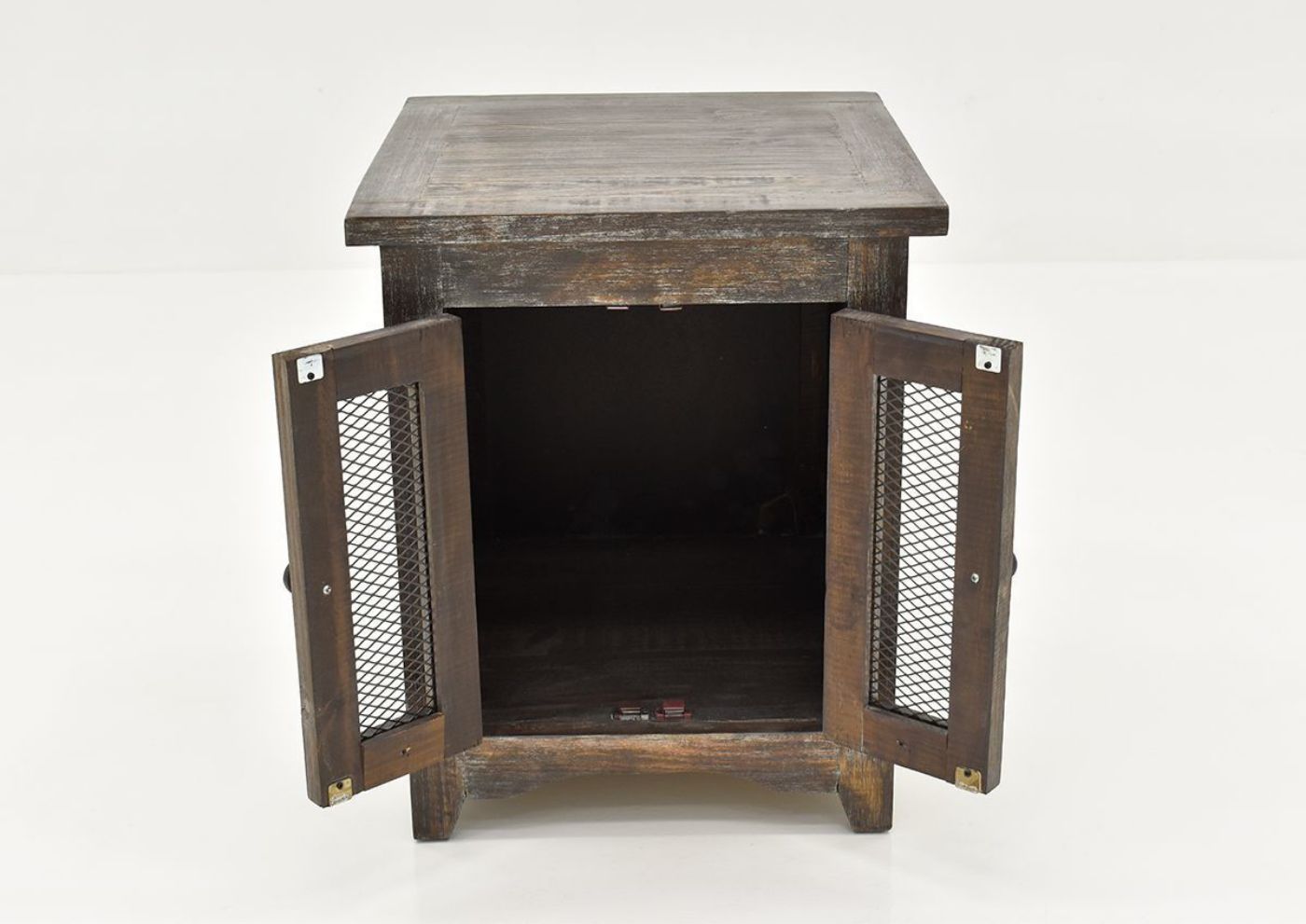 Front Facing View of the Doors Opened on the Rustic Brown Pueblo End Table by Vintage Furniture LLC | Home Furniture Plus Bedding
