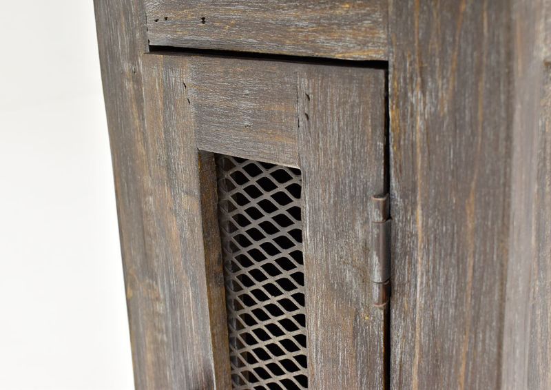 Close Up View  of the Door on the  Rustic Brown Pueblo Chairside End Table by Vintage Furniture LLC | Home Furniture Plus Bedding