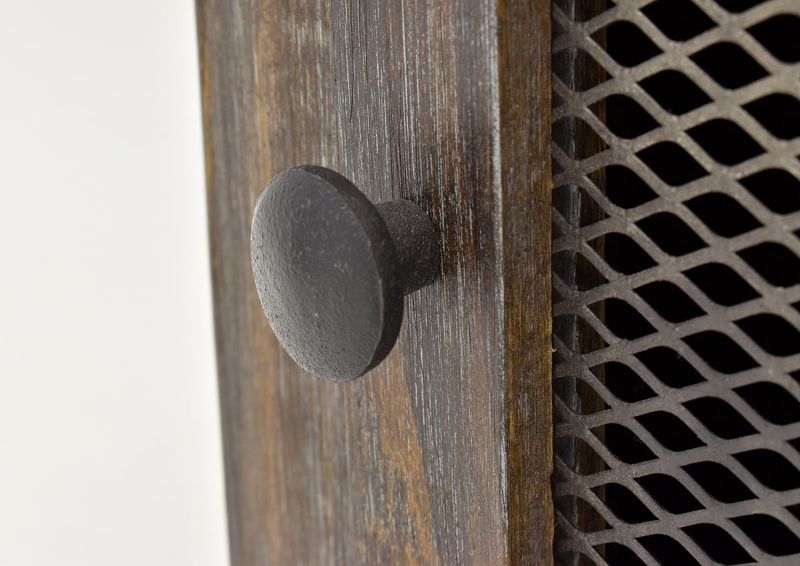 Close Up View  of the Door Knob and Mesh Insert on the  Rustic Brown Pueblo Chairside End Table by Vintage Furniture LLC | Home Furniture Plus Bedding