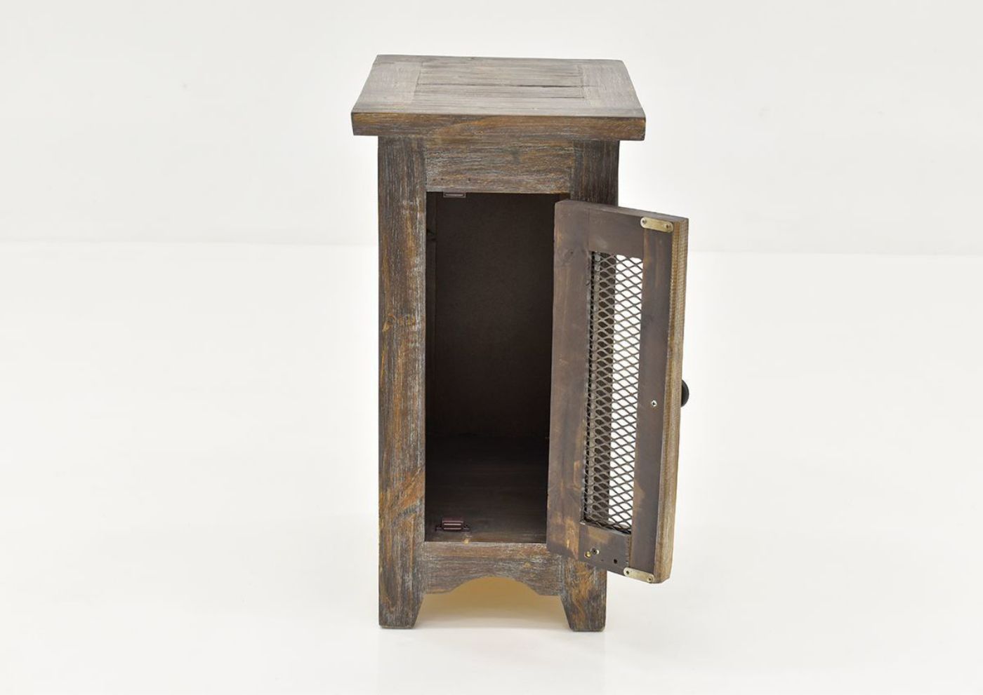 Front Facing View of the Opened Door on the Rustic Brown Pueblo Chairside End Table by Vintage Furniture LLC | Home Furniture Plus Bedding