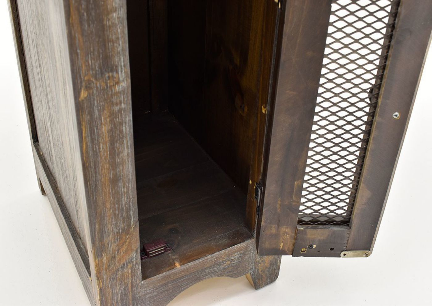 Close Up View  of the Opened Door on the  Rustic Brown Pueblo Chairside End Table by Vintage Furniture LLC | Home Furniture Plus Bedding