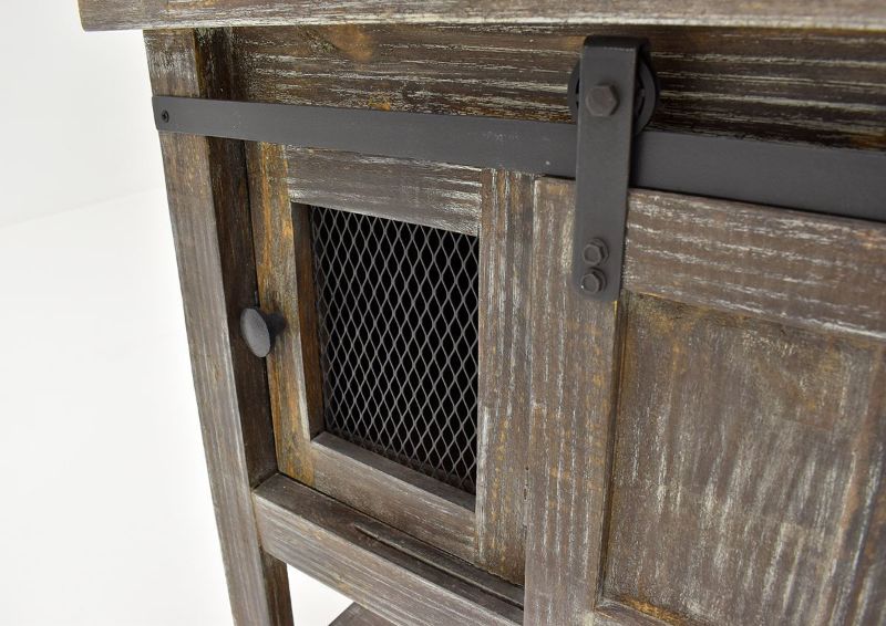 Close Up of the Mesh Insert on the Door of the Rustic Brown Pueblo Sofa/Console Table by Vintage Furniture LLC | Home Furniture Plus Bedding