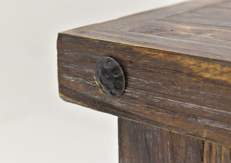 Close Up View of the Top Corner with the Rustic Hardware on the Mason Buffet Cabinet in Barnwood by Vintage Furniture | Home Furniture Plus Bedding