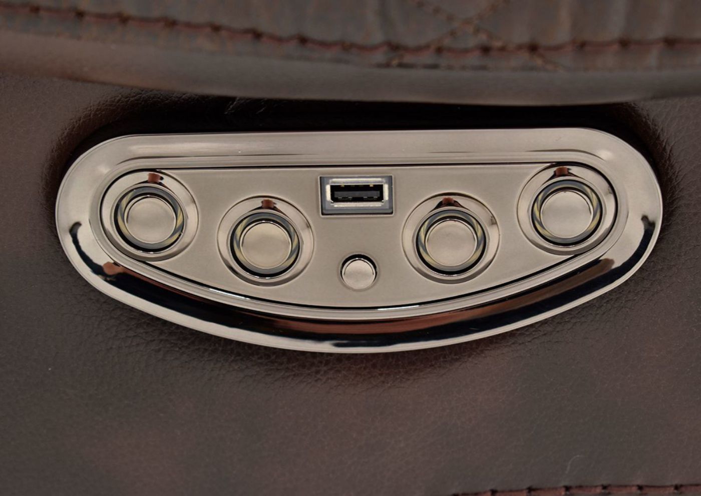 Close Up View of the Power Controls and USB Charging Port on the Granger POWER Recliner in Chocolate Brown by Vogue Home Furnishings | Home Furniture Plus Bedding