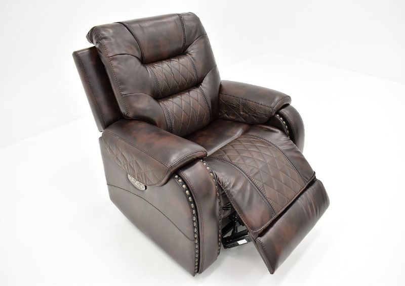 Slightly Angled Front View of the Extended Foot Rest on the Granger POWER Recliner in Chocolate Brown by Vogue Home Furnishings | Home Furniture Plus Bedding