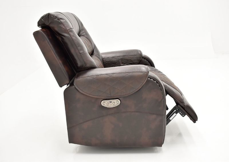 Side View of the Slightly Open Foot Rest on the Granger POWER Recliner in Chocolate Brown by Vogue Home Furnishings | Home Furniture Plus Bedding