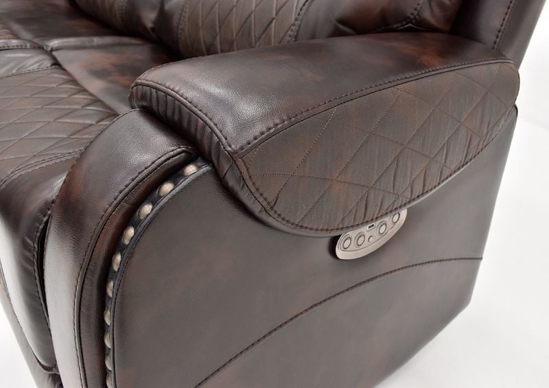 Close Up of the Armrest with Quilted Saddle Bag Design on the Granger POWER Reclining Sectional Sofa - Brown | Home Furniture Plus Bedding