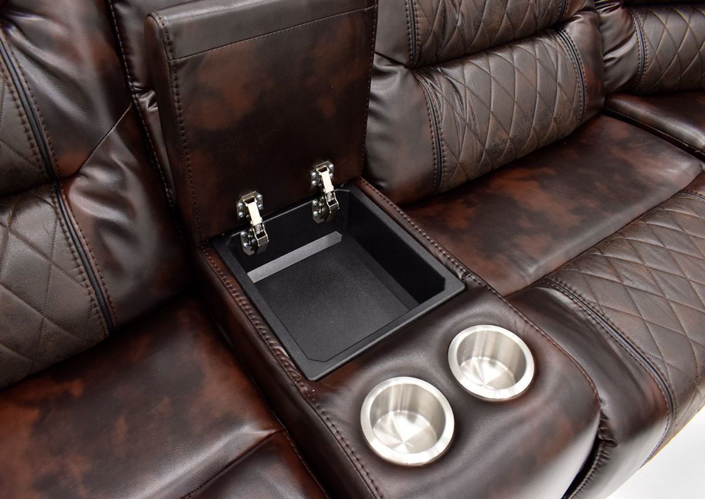 Close Up of Storage Console with Cup Holders on the Granger POWER Reclining Sectional Sofa - Brown | Home Furniture Plus Bedding
