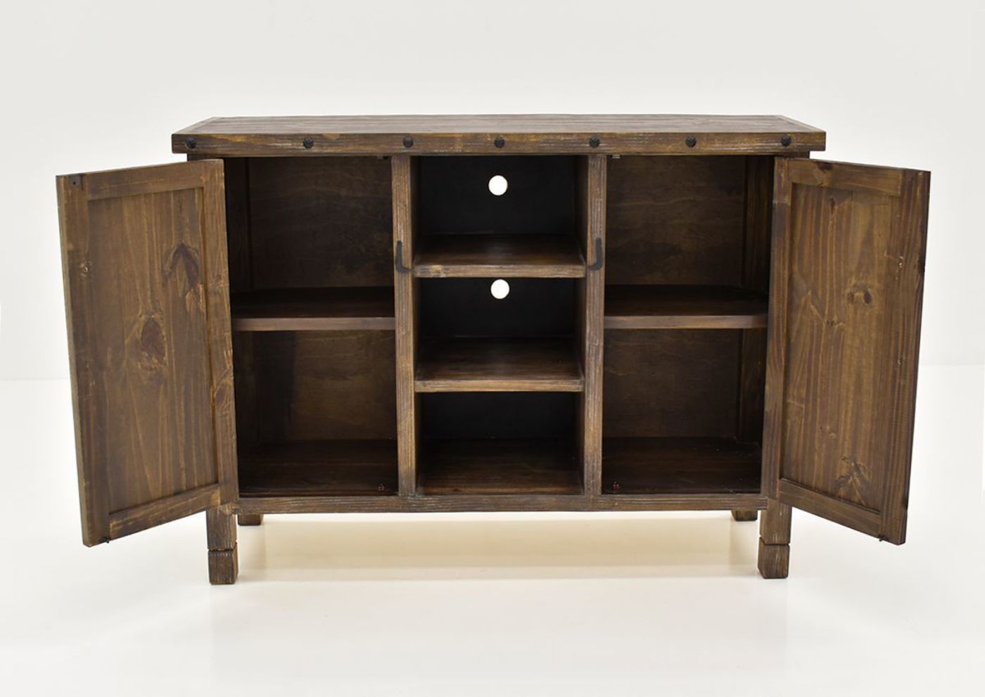 Front Facing View of the Opened Doors on the Mason Buffet Cabinet in Barnwood by Vintage Furniture | Home Furniture Plus Bedding