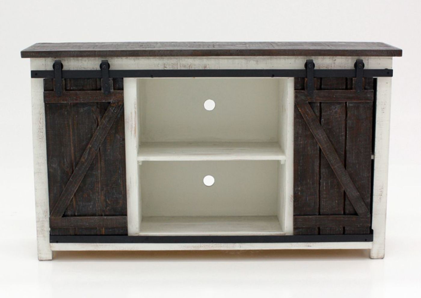 Distressed White and Brown Diego TV Stand Facing Front With the Doors Open Showing the Center Shelves | Home Furniture Plus Bedding