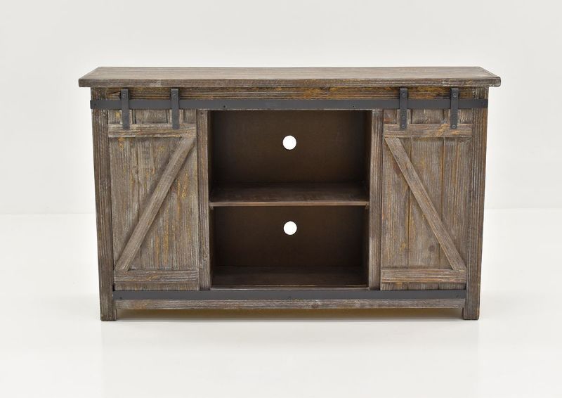 Front Facing View of the Open Doors on the Diego 60” TV Stand in Barnwood Brown by Vintage Furniture | Home Furniture Plus Bedding