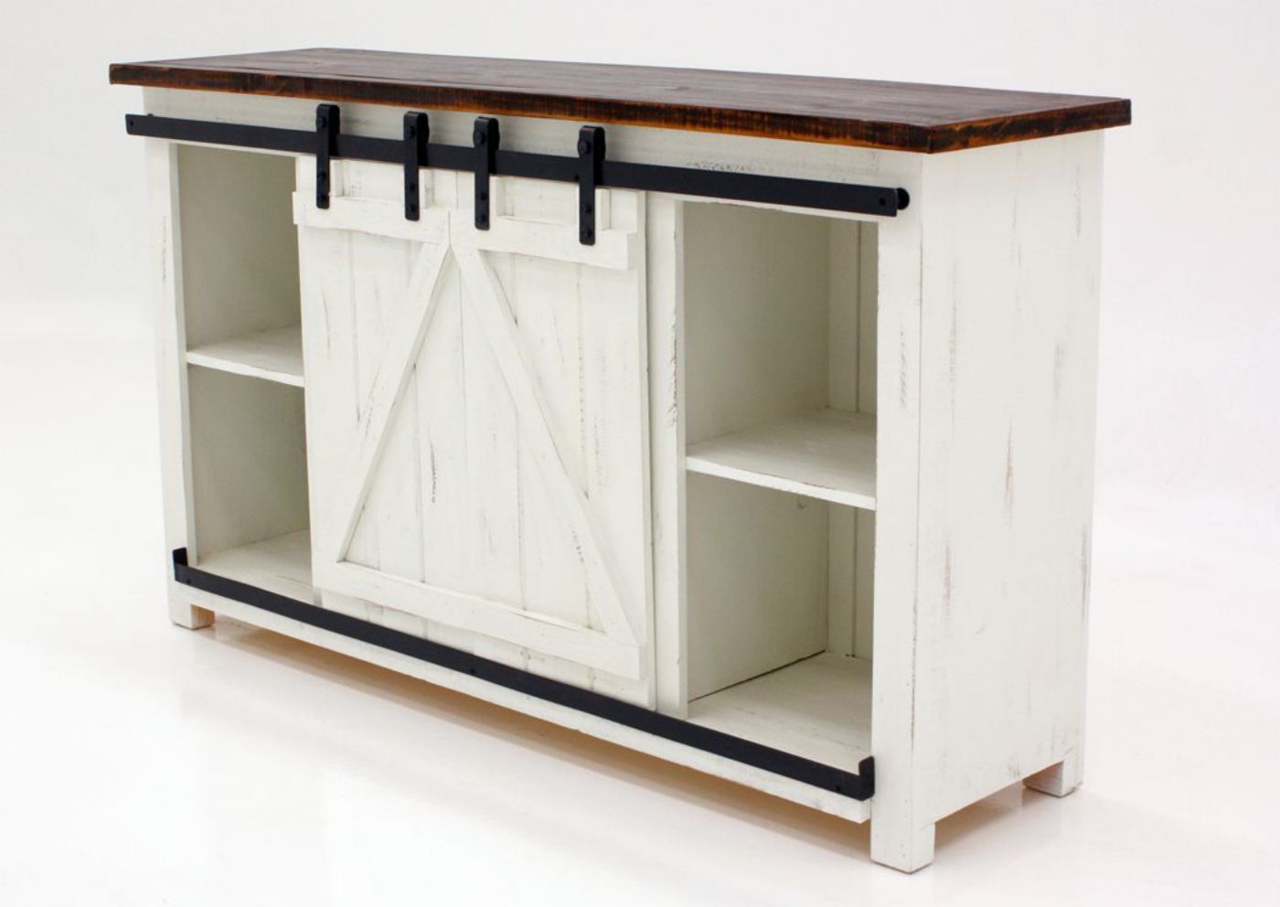 White and Brown Diego TV Stand With the Barn Doors in the Center | Home Furniture Plus Bedding